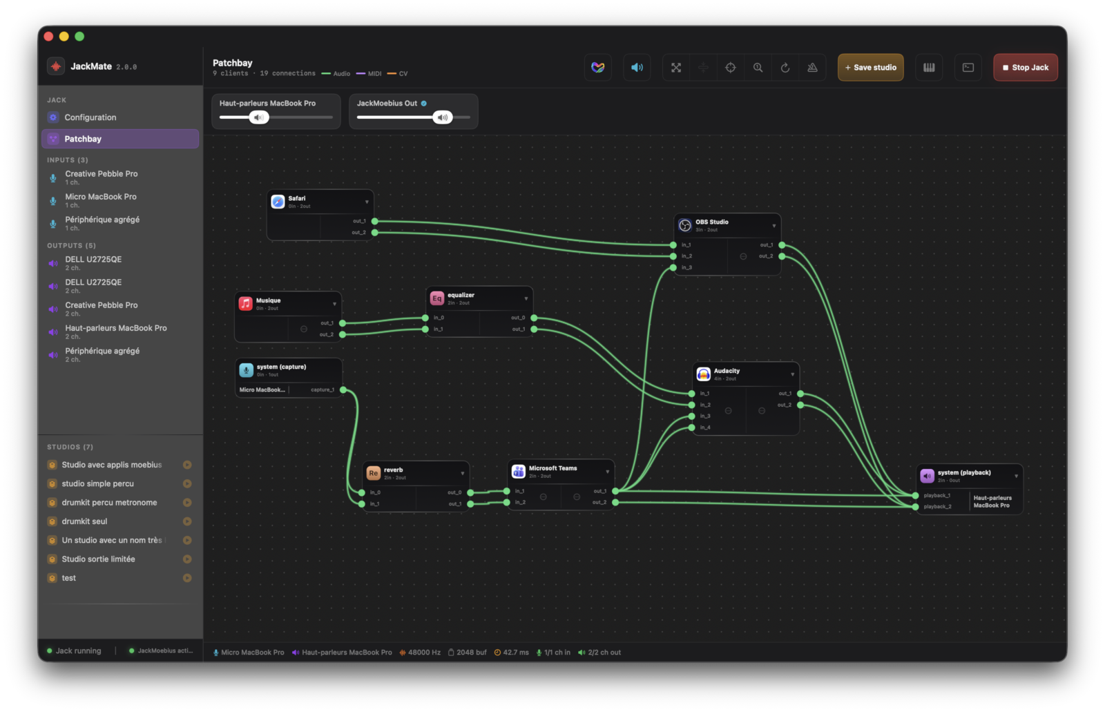 Expose apps, patch them, and watch the routing status visually in JackMate.