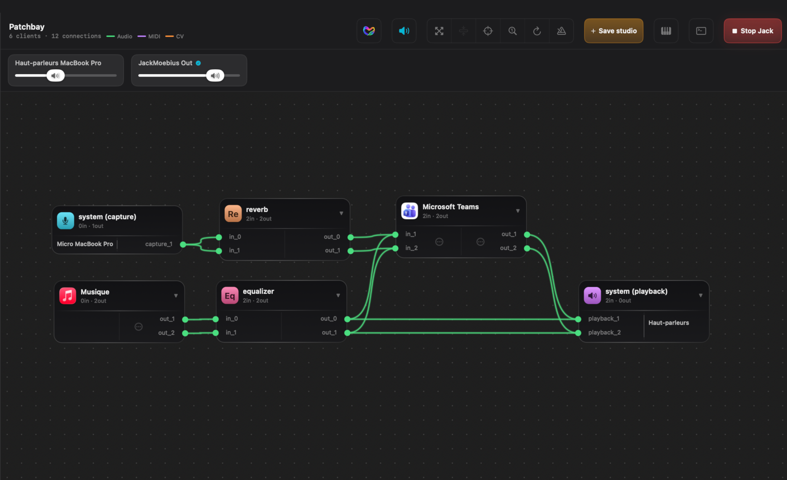 Route any way you want between Core Audio Apps and native Jack clients and realtime effects
